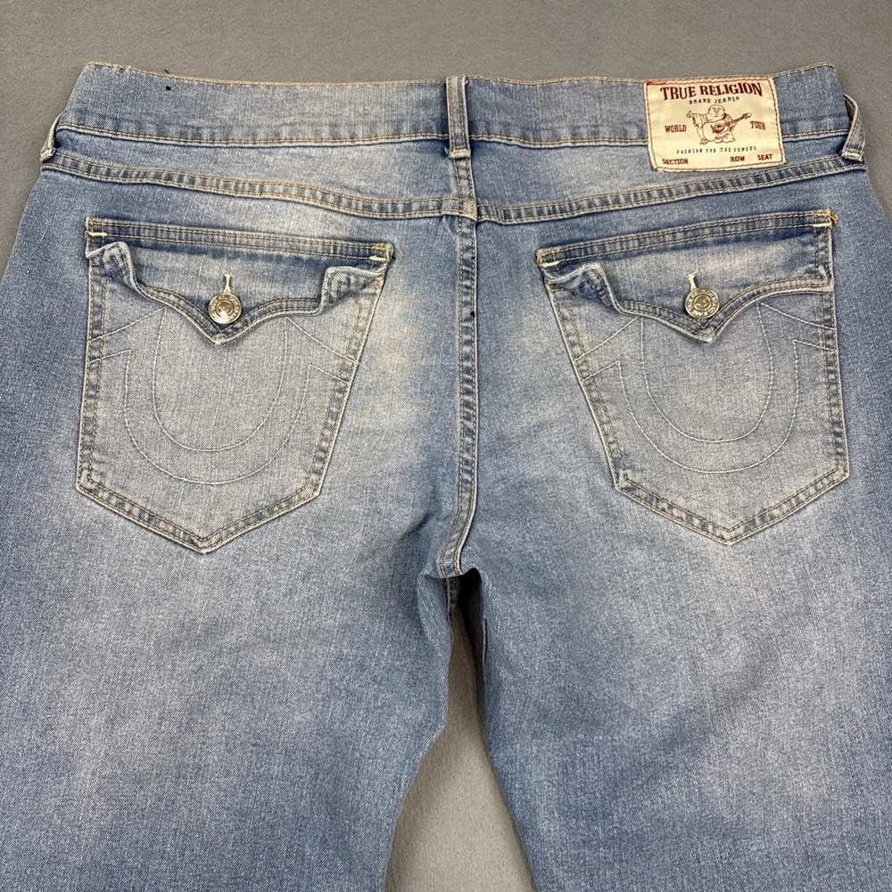 True Religion Jeans Mens 36  Ricky Relaxed Straight Blue  Flap HEM DAMAGE